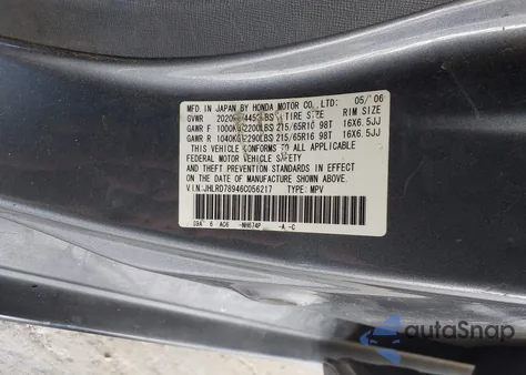 2006 Honda Cr-V Se from USA, damaged, VIN JHLRD78946C056217